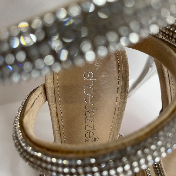 Shoedazzle Womens Open Toe Silver and Nude Heels Size 8.5 Jewel Sparkle Stringy - Picture 2 of 14